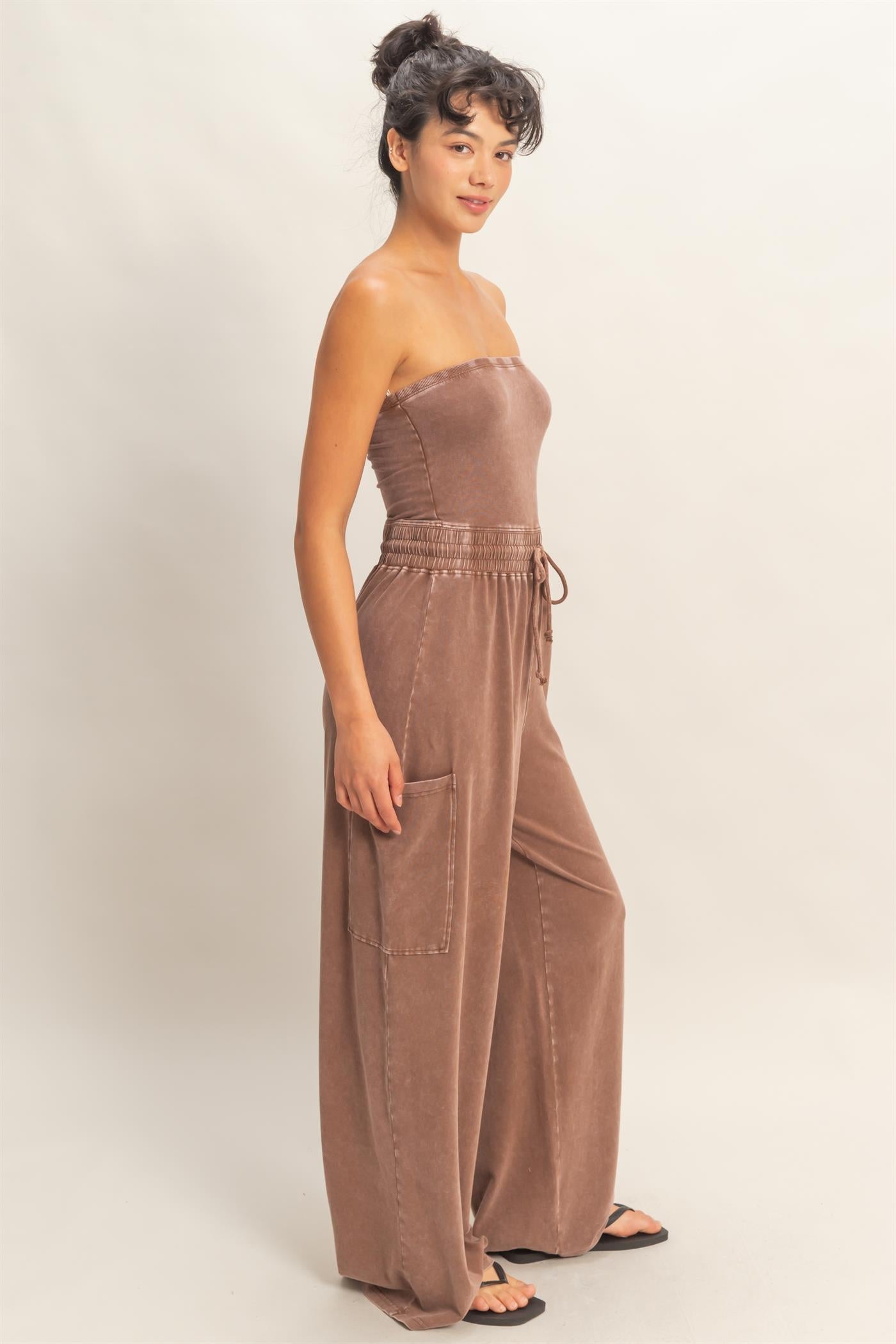 Mineral Wash Strapless Wide-Leg Jumpsuit