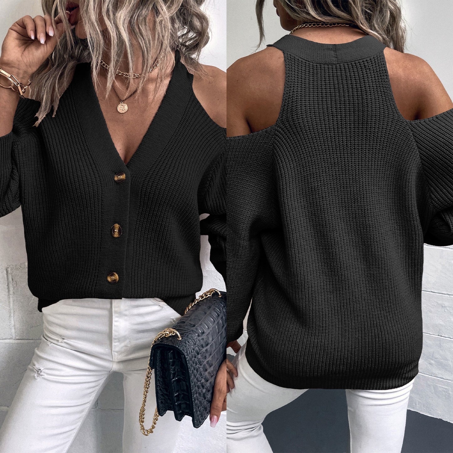 Cold Shoulder Plunge Neck Ribbed Cardigan