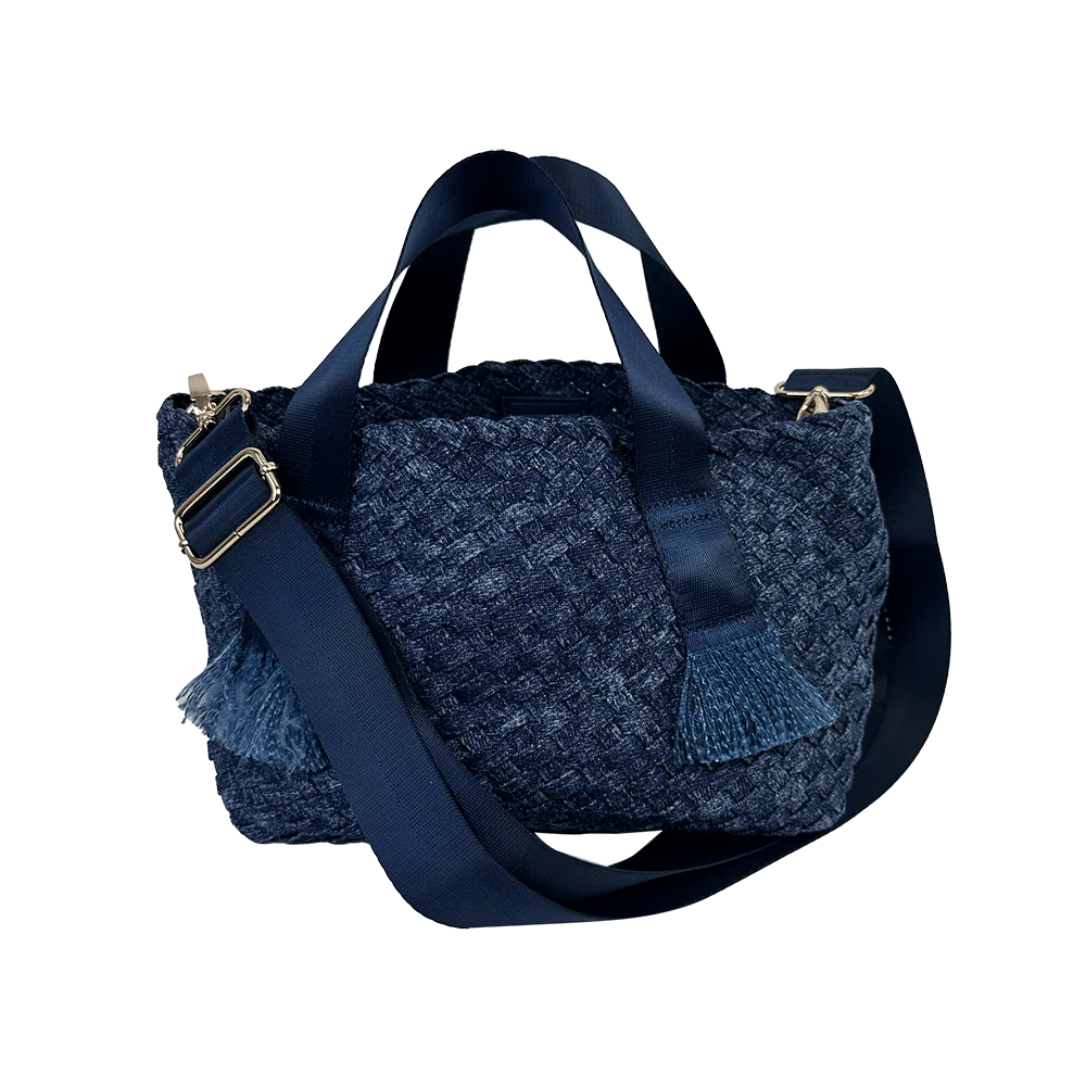 Darcy Woven Denim Tote w/ Self Handles w/ Crossbody Strap - 2 colors