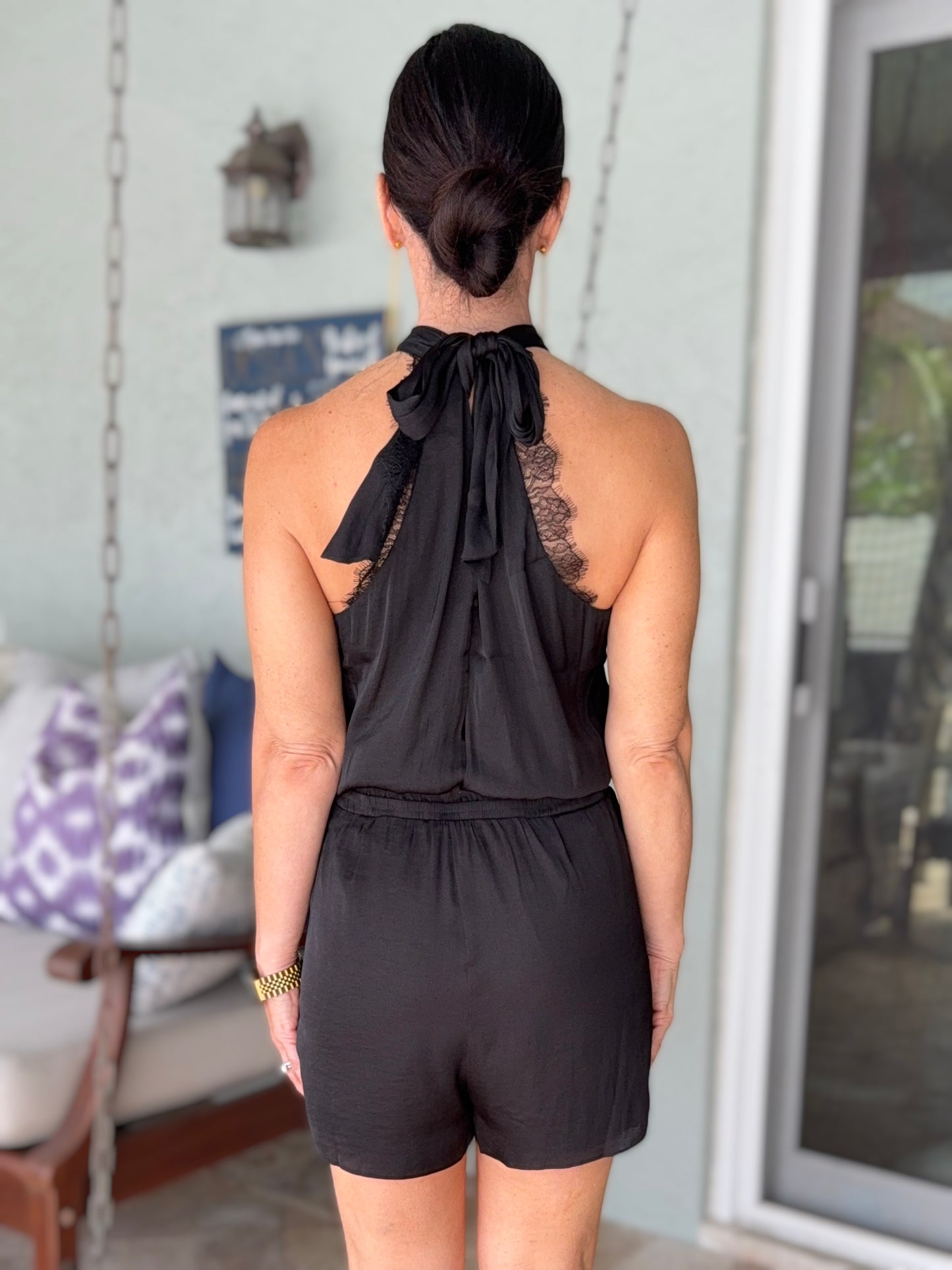 Lace Trim Halter Romper