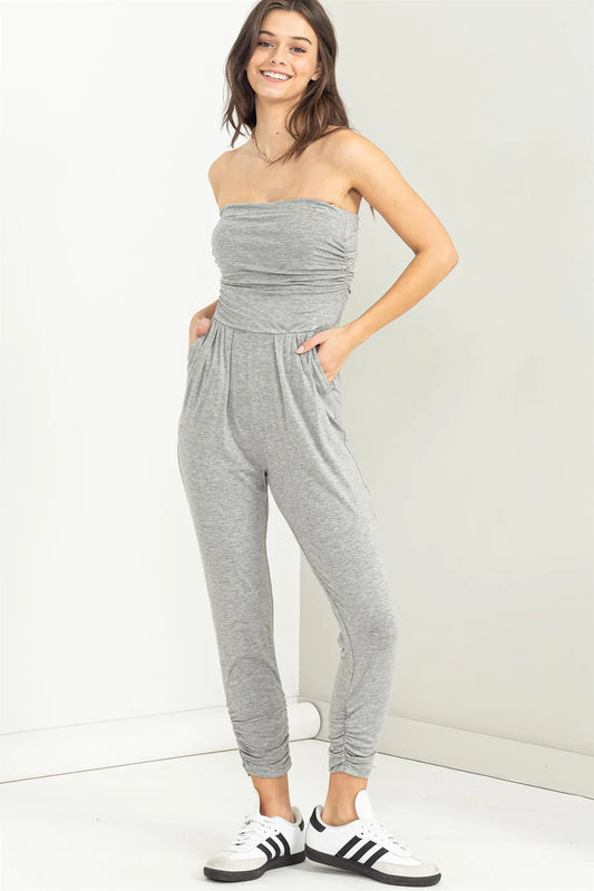 FAVORITE DATE STRAPLESS RUCHED JUMPSUIT