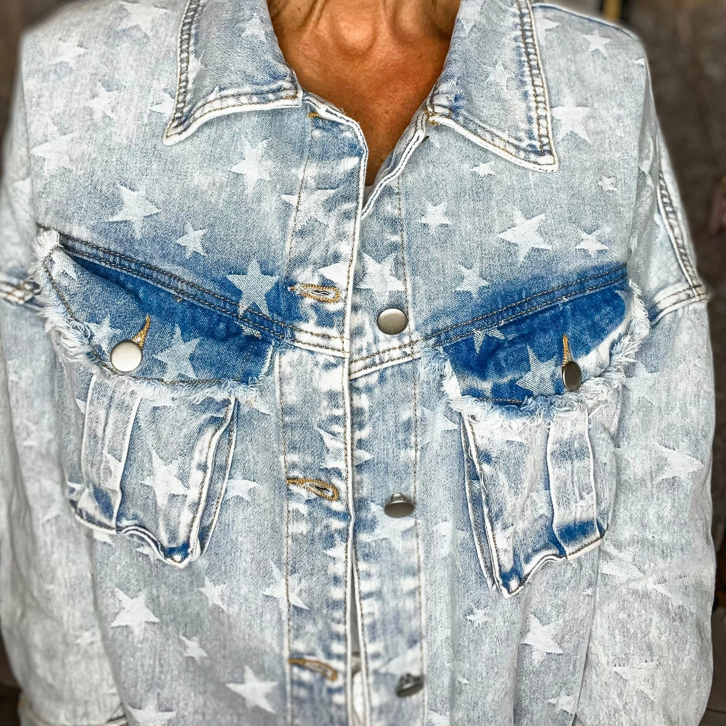 Take A Chance Western Wash Star Denim Shacket