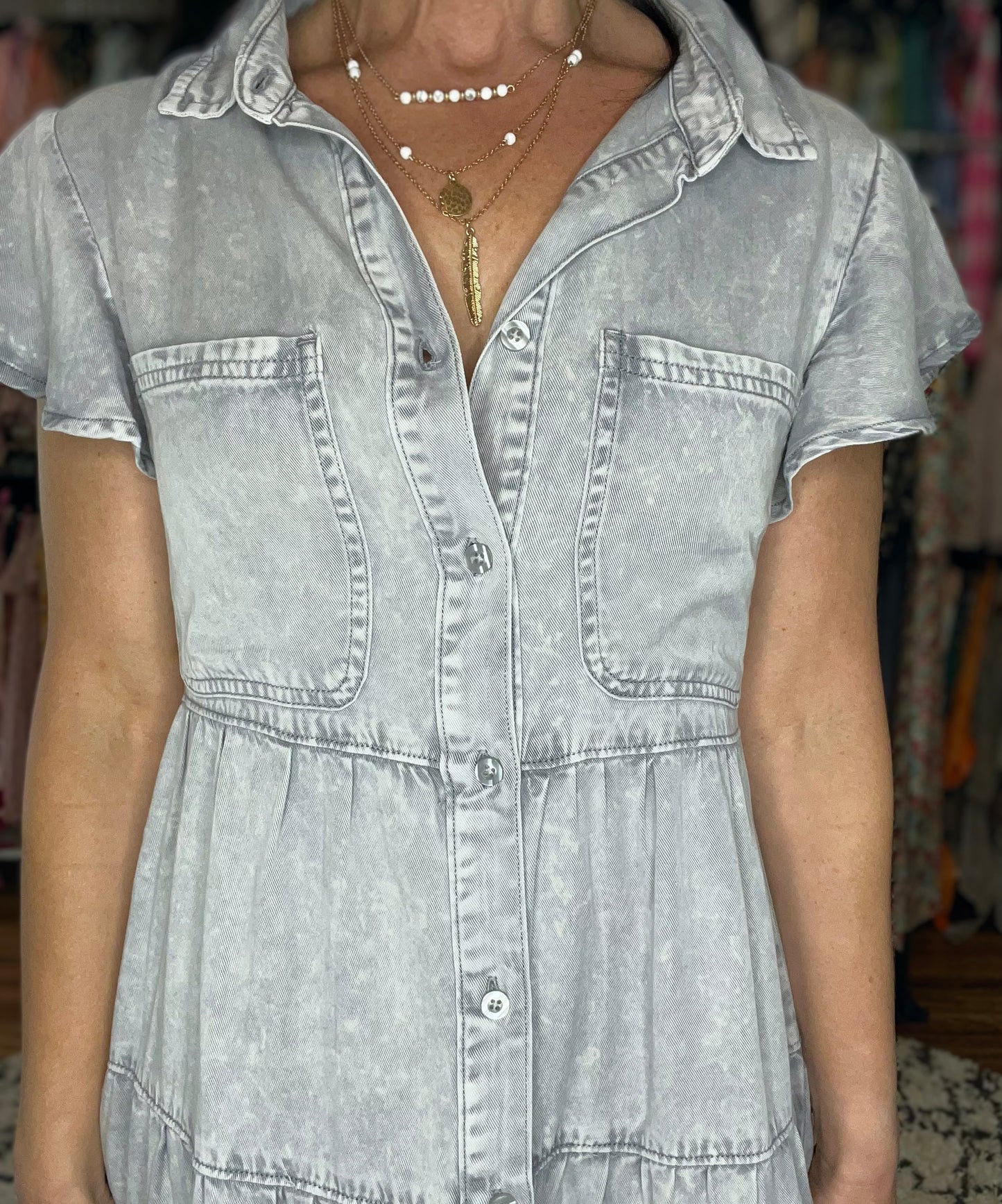 Broadway Button Up Cap Sleeve Denim Dress