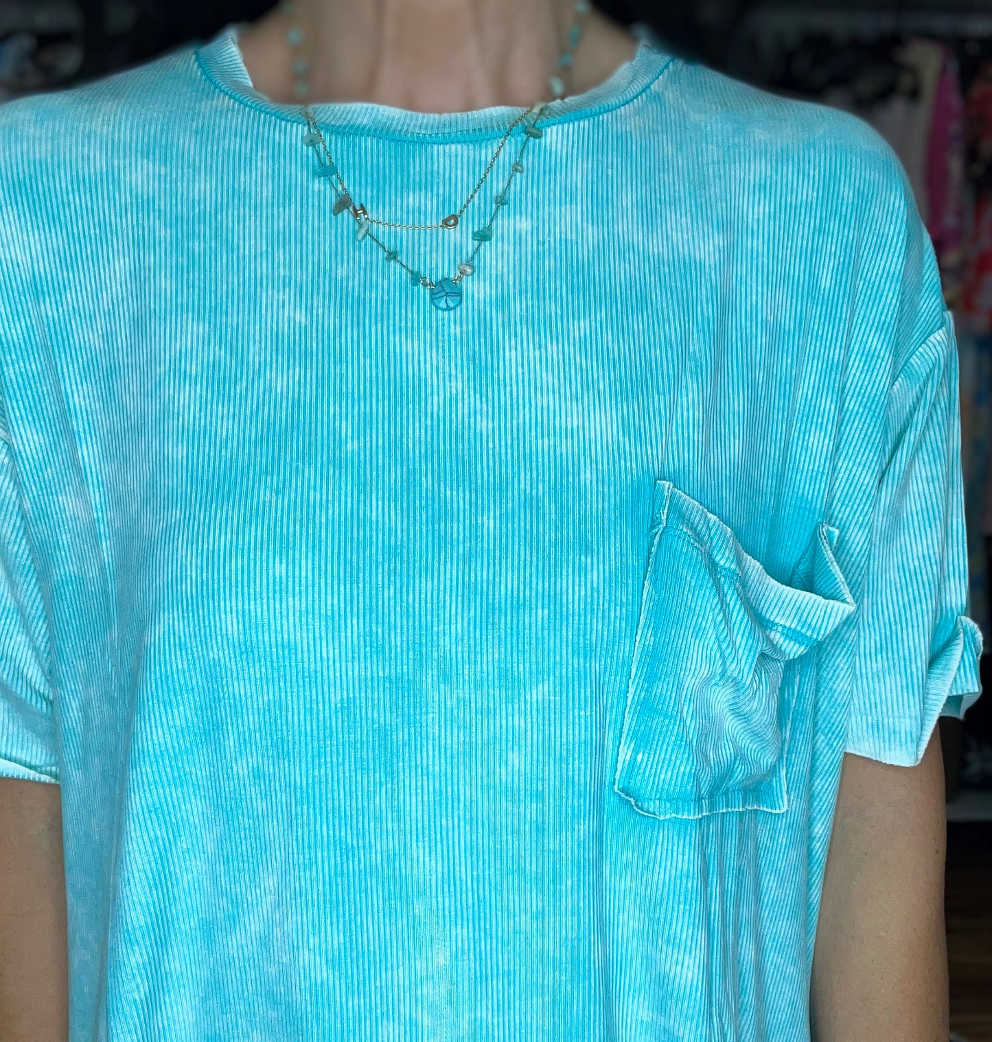 Mineral Wash Ribbed Round Neck Top in Turquoise