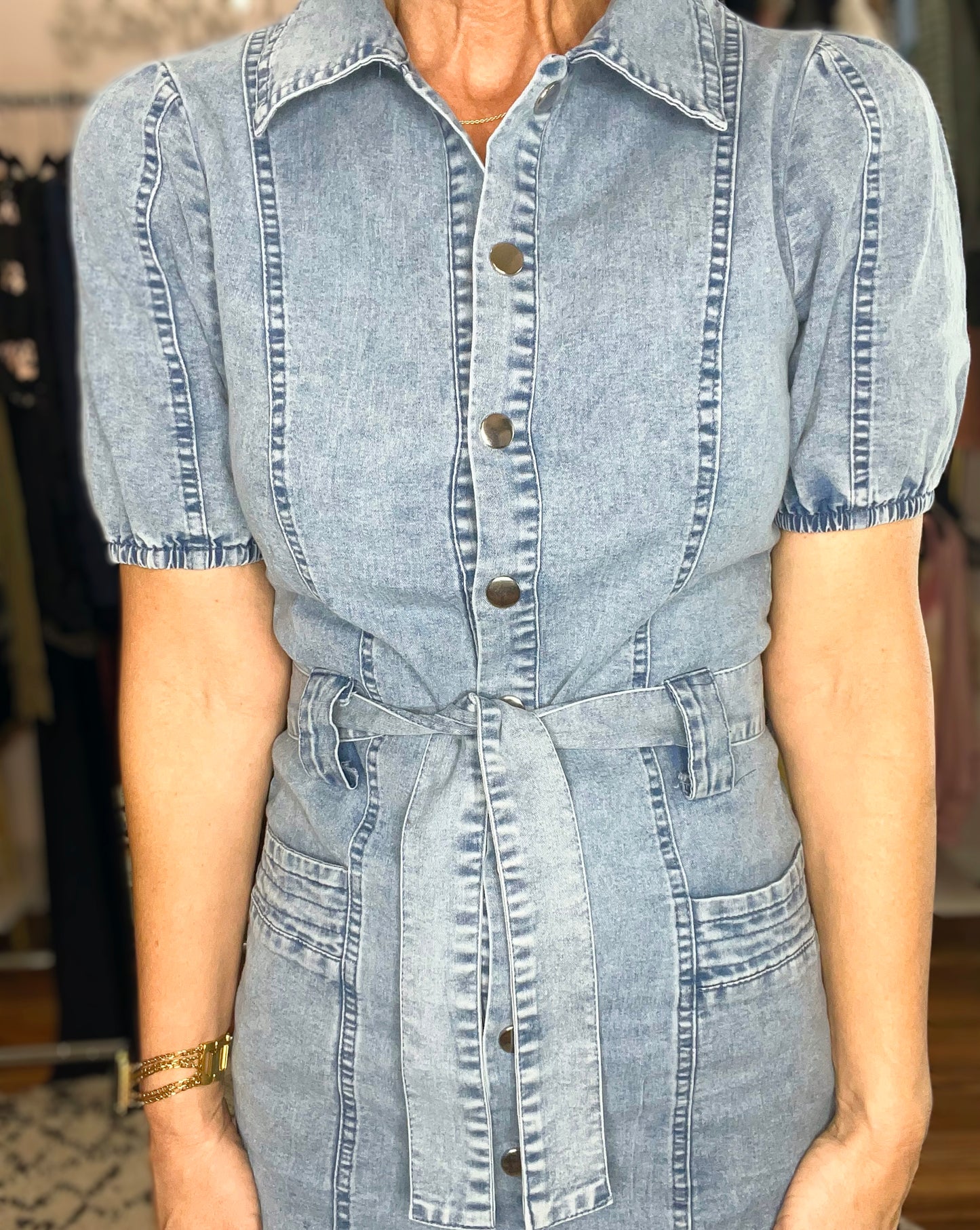 Rebecca Puff Sleeve Button Up Mini Denim Dress