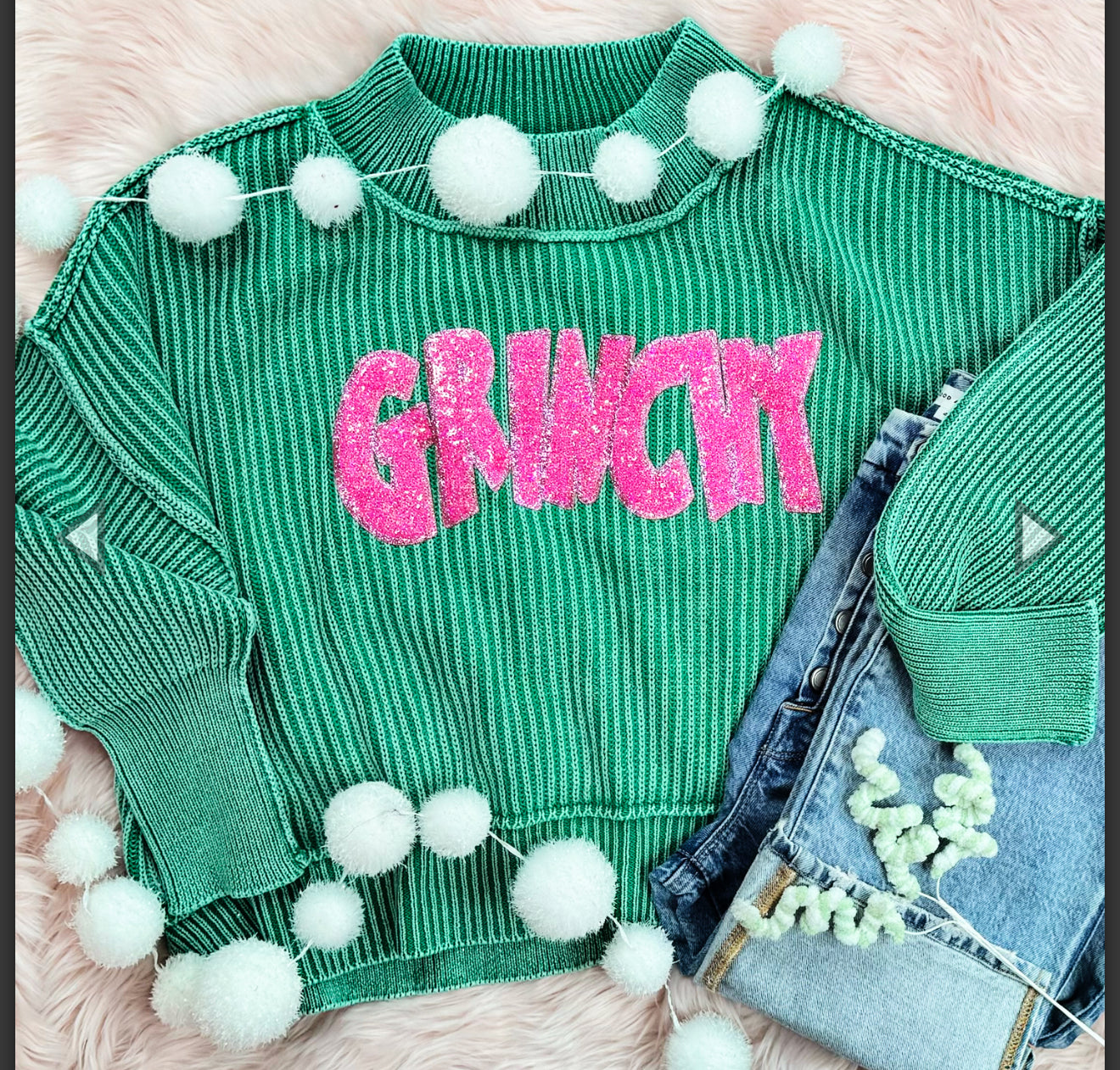 Grinchy Pink Sequin Ribbed Sweater