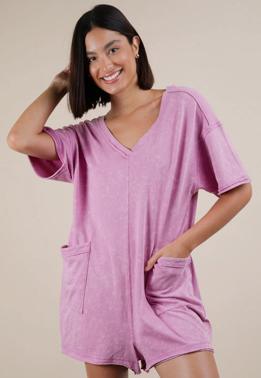 PREORDER - Cadie Mineral Wash Oversized Romper in Orchid