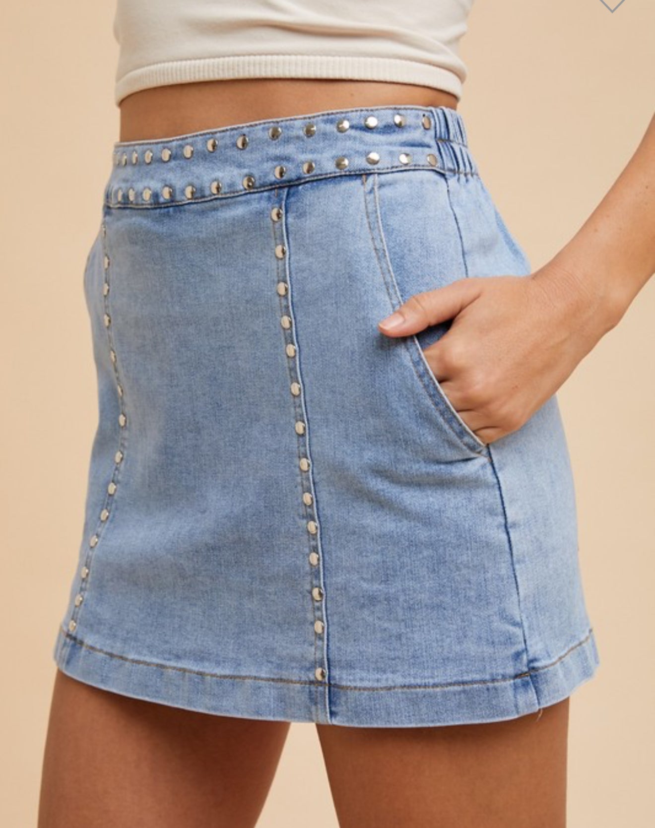 Stud Detail Elastic Waist Denim Skort