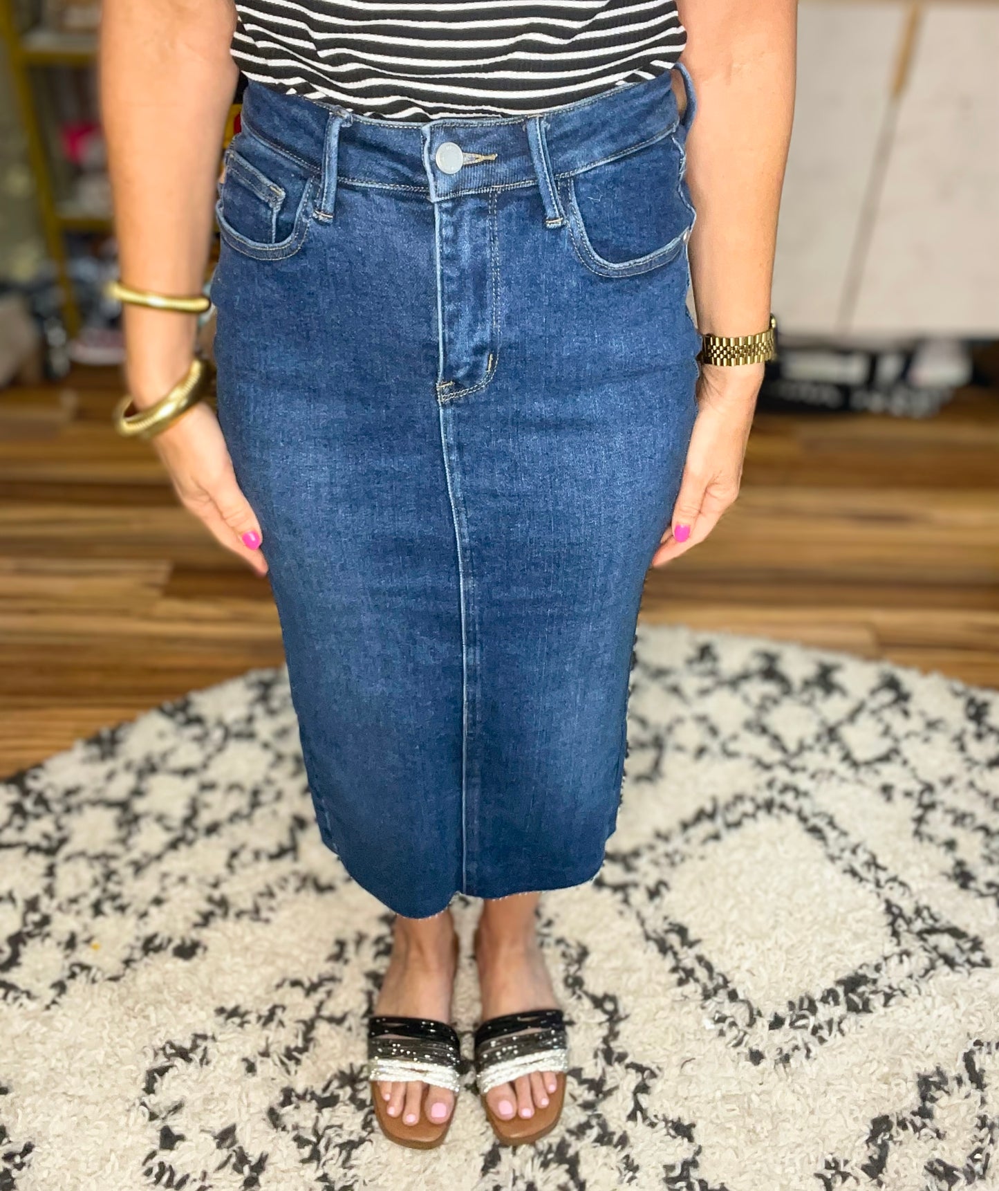 Marcy High Rise Denim Midi Skirt