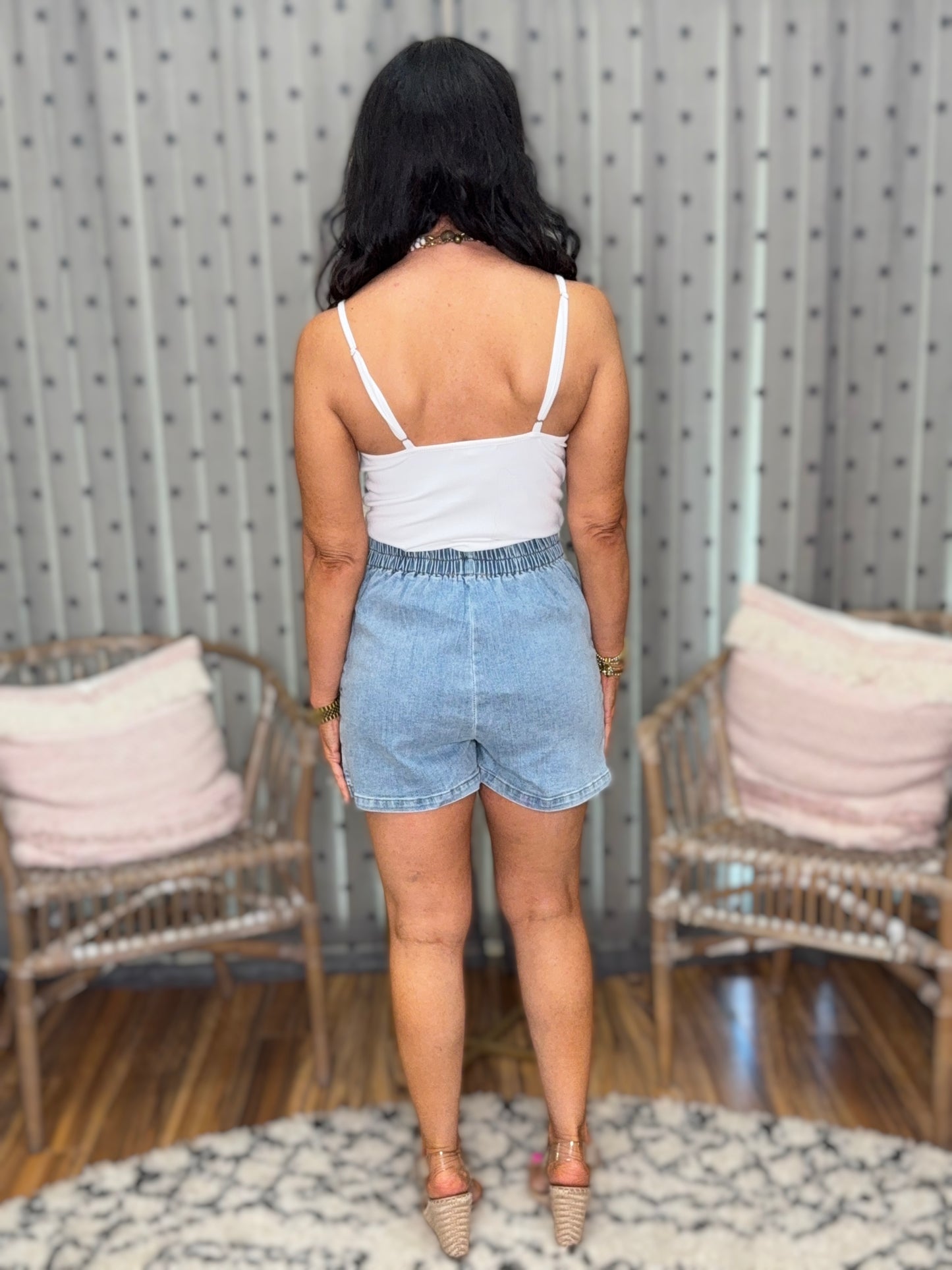 Stud Detail Elastic Waist Denim Skort