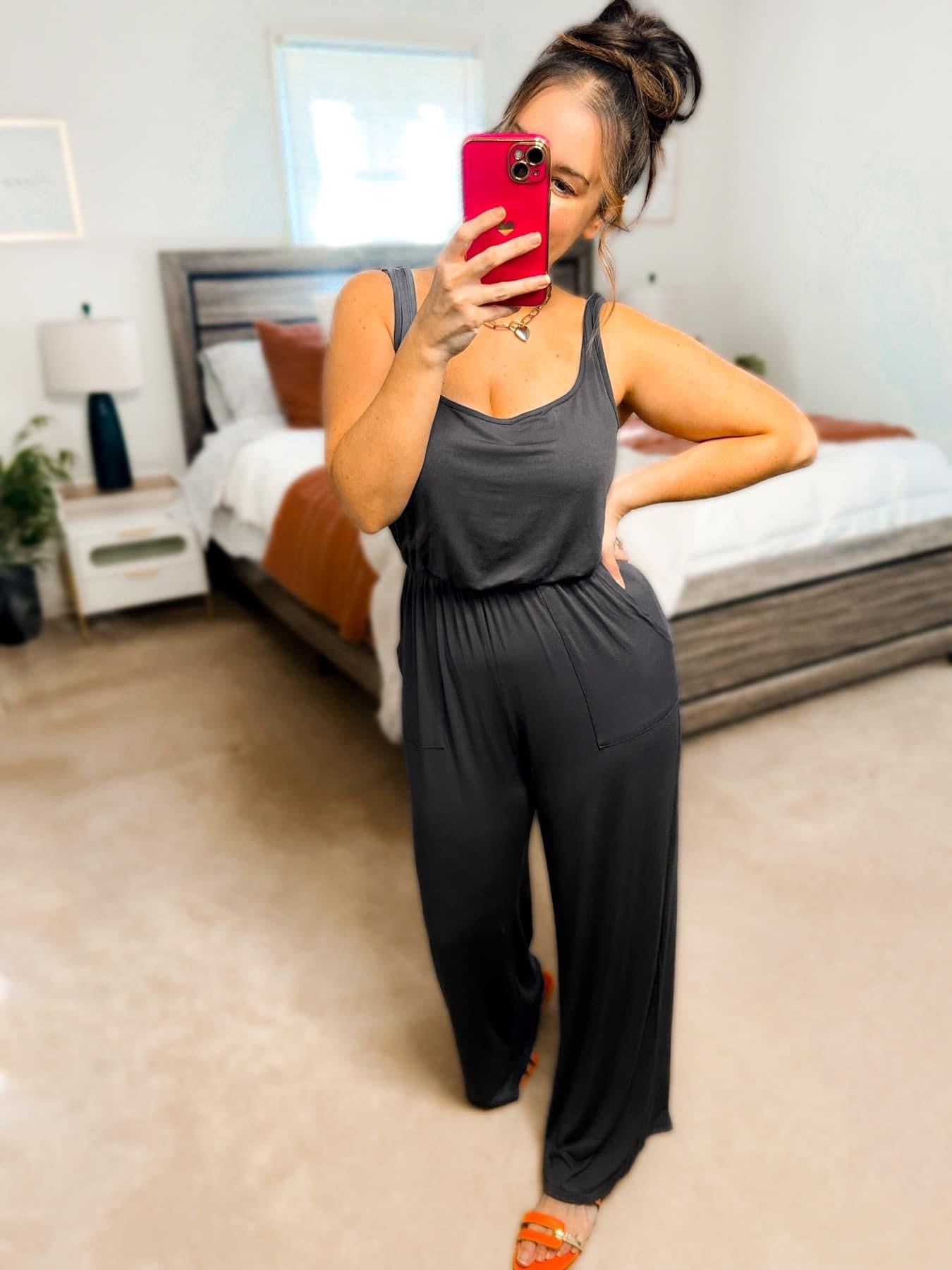 The Shay Square Neck Modal Jumpsuit - Charcoal