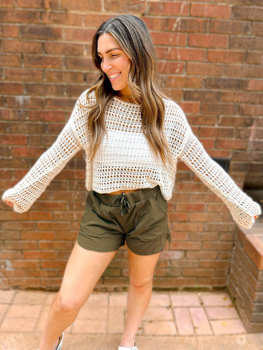 PREORDER - Wide Sleeve Crochet Crop Top Coverup