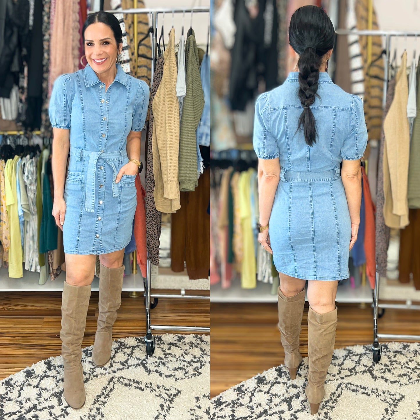 Rebecca Puff Sleeve Button Up Mini Denim Dress