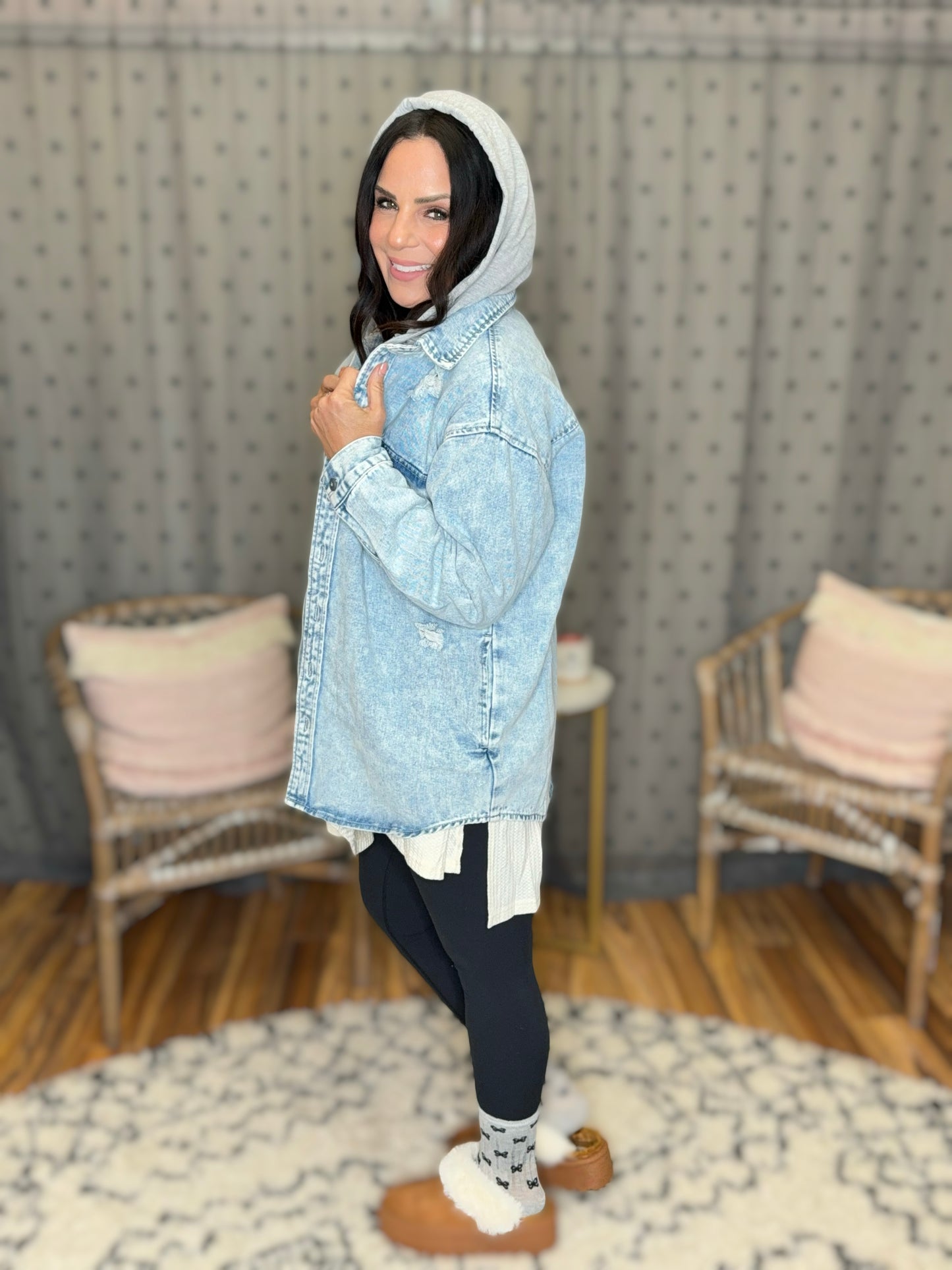 PREORDER - Hooded Distressed Denim Shacket