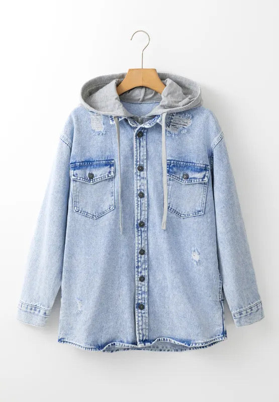 PREORDER - Hooded Distressed Denim Shacket