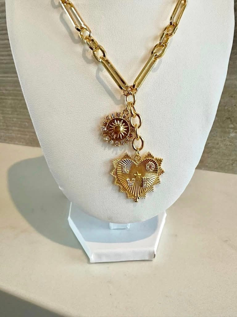 Sun and Heart Pendant Necklace - 18K Plated