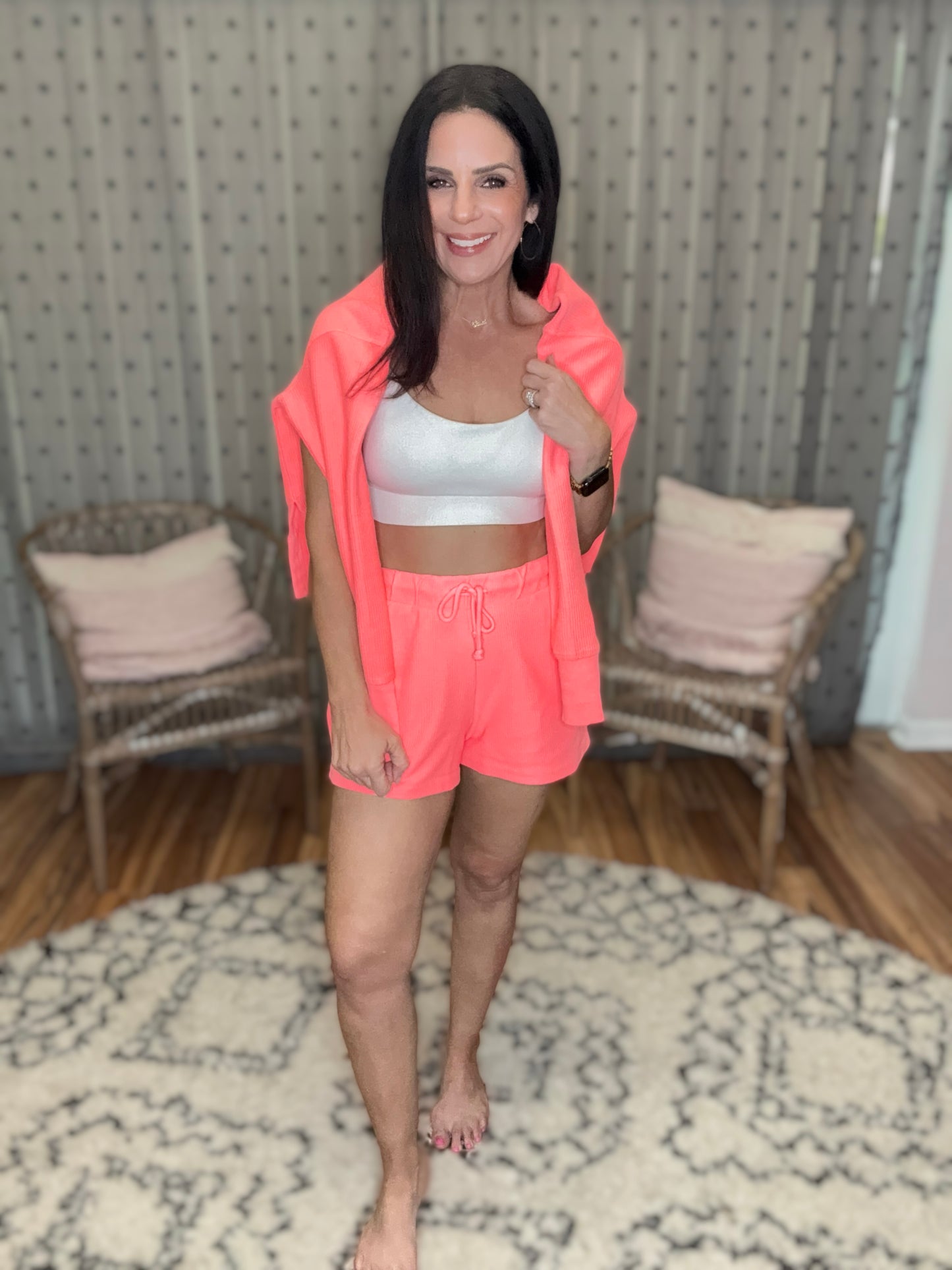 Neon Coral Corded Shorts