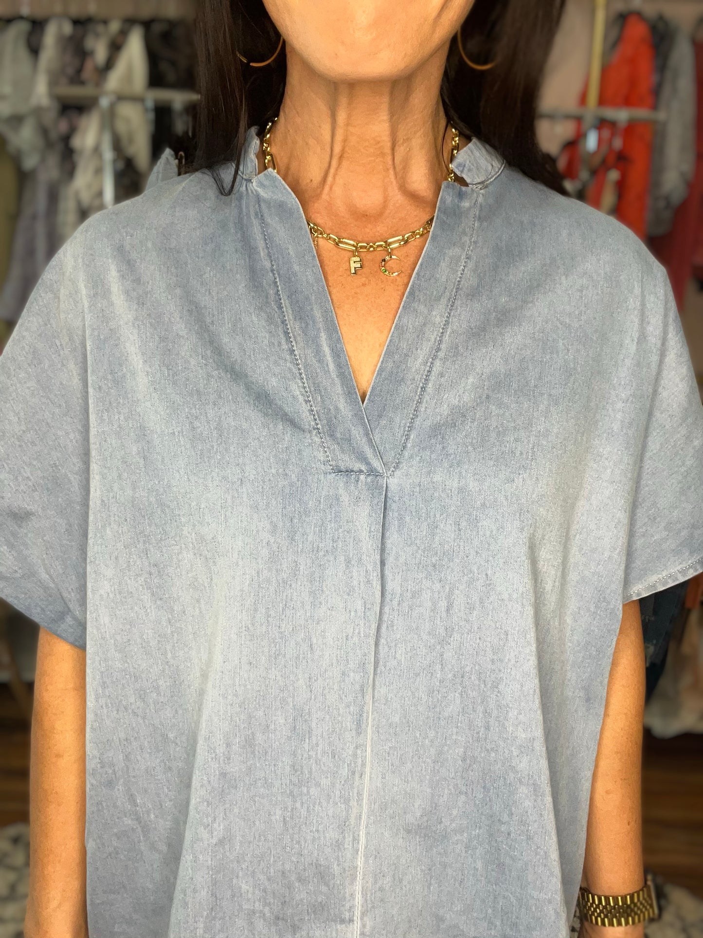 Dallas Notched Short Sleeve Denim Top