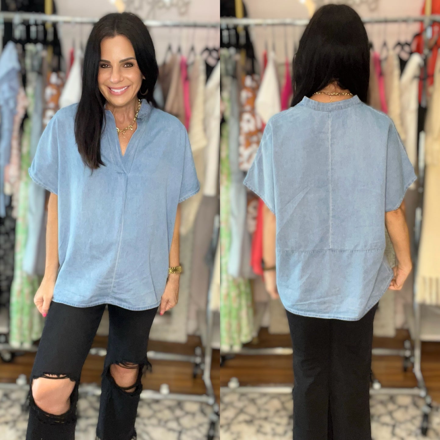 Dallas Notched Short Sleeve Denim Top