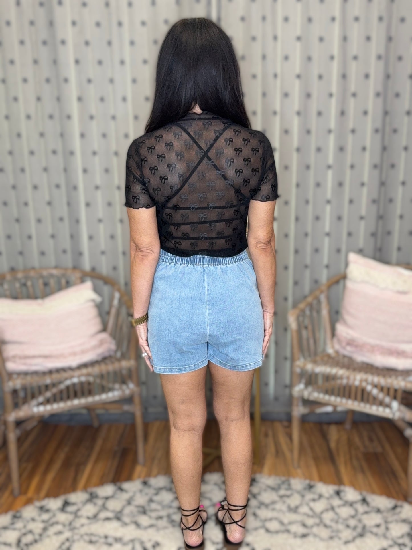 Black Bow Mesh Short Sleeve Top
