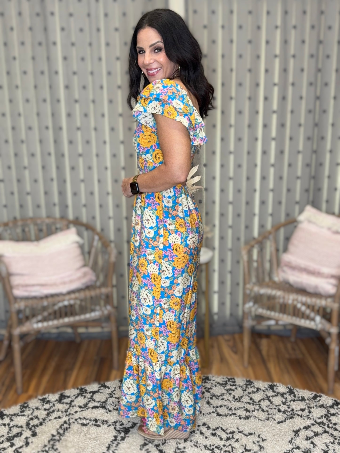 Blue Floral Cutout Jumpsuit