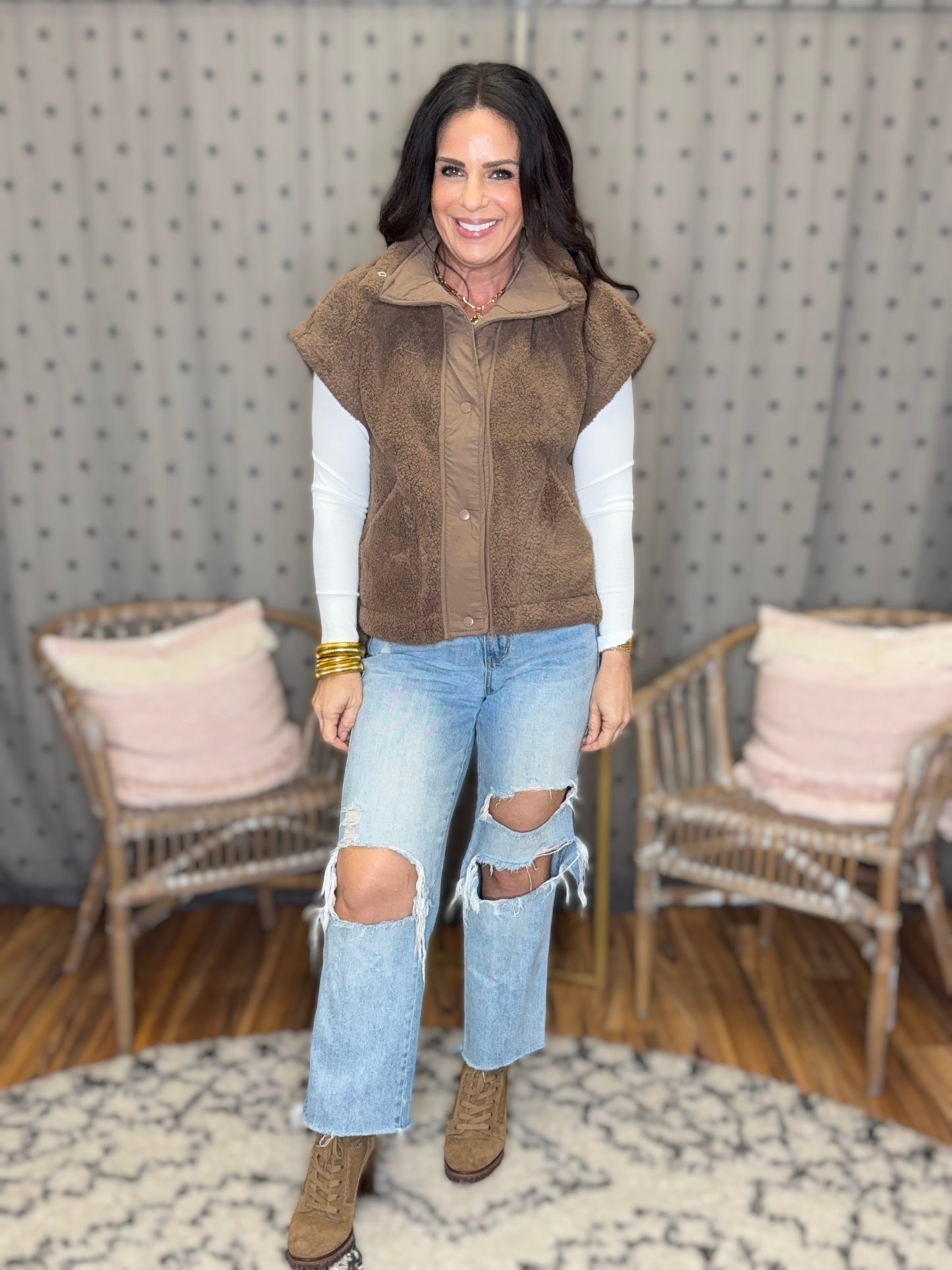 Quilted Collar Boxy Sherpa Vest
