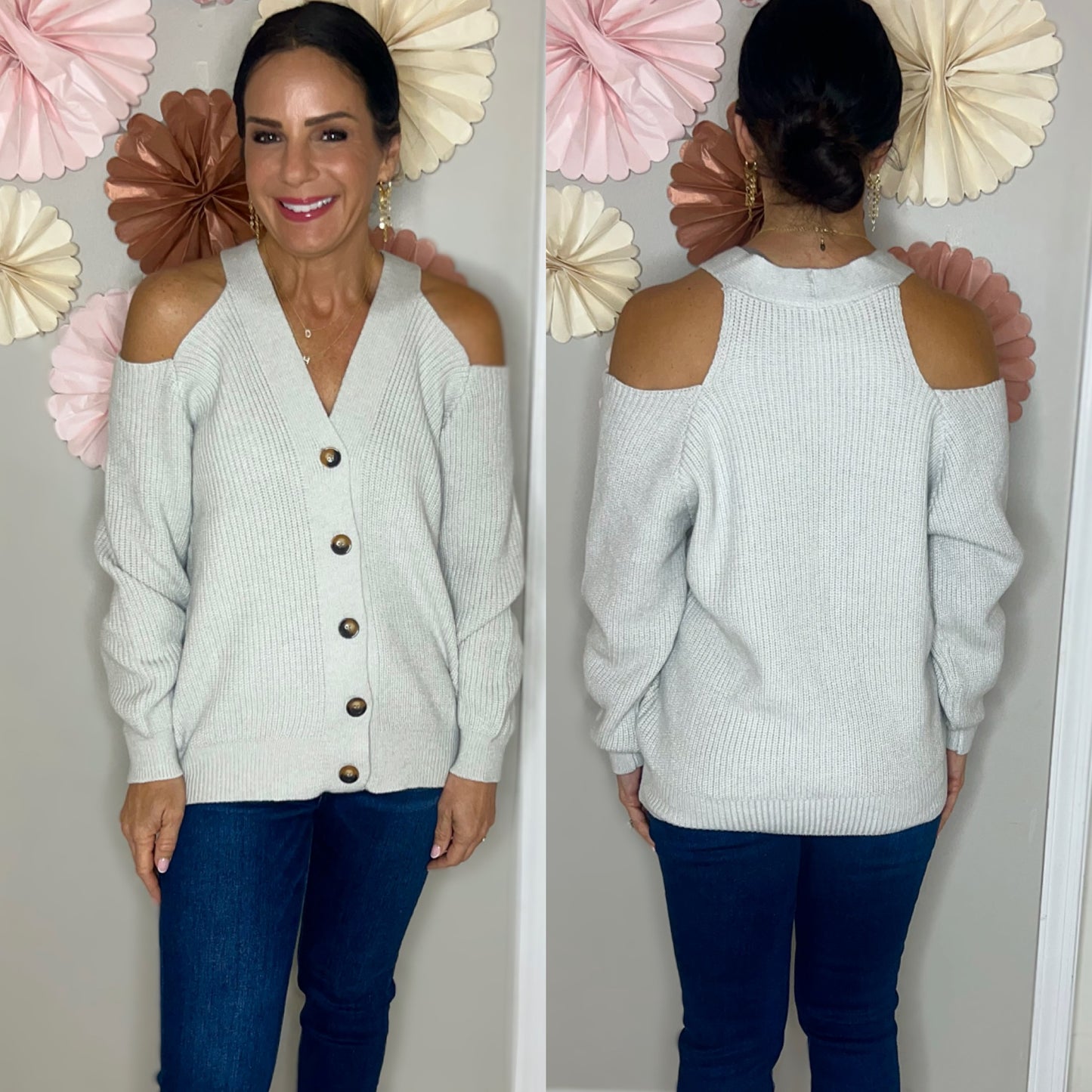 Cold Shoulder Plunge Neck Ribbed Cardigan