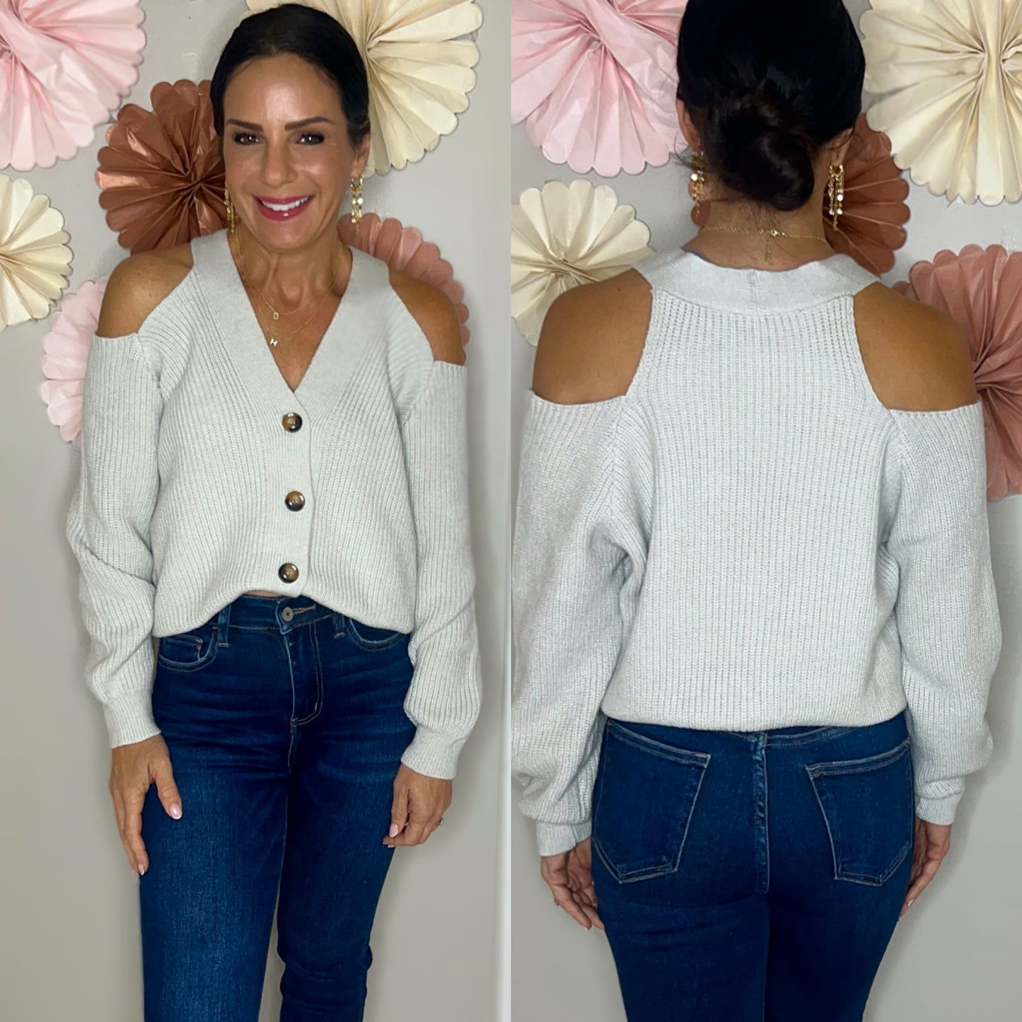 Cold Shoulder Plunge Neck Ribbed Cardigan