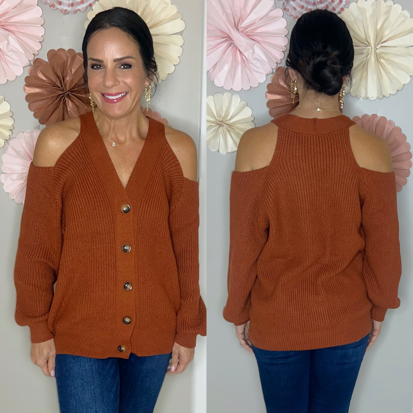 Cold Shoulder Plunge Neck Ribbed Cardigan