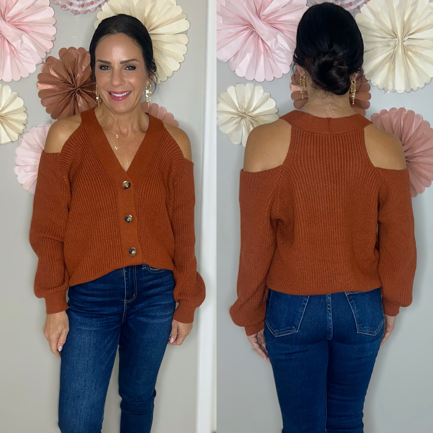 Cold Shoulder Plunge Neck Ribbed Cardigan