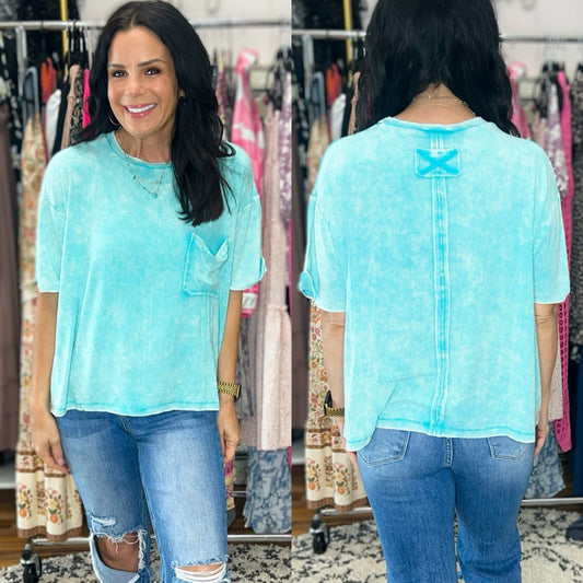 Mineral Wash Ribbed Round Neck Top in Turquoise