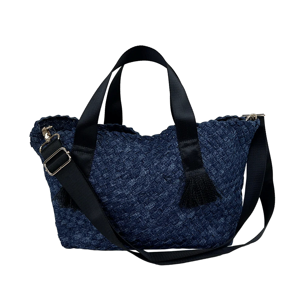 Daria Large Woven Denim Tote w/ Contrast Handles w/ Crossbody Strap - 2 colors