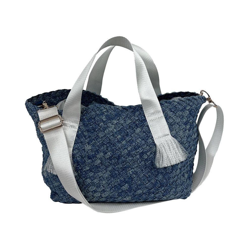 Daria Large Woven Denim Tote w/ Contrast Handles w/ Crossbody Strap - 2 colors