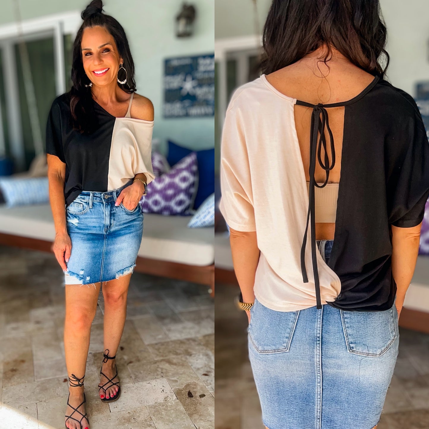 Tied Contrast V-Neck Short Sleeve Top