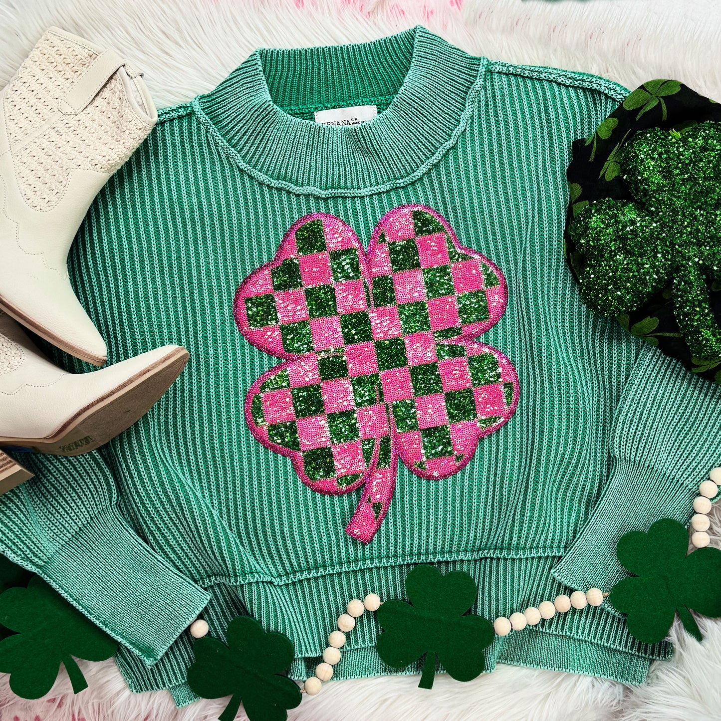 PREORDER - Checkered Shamrock Sequin Patch Ribbed Green Oversized Crop Sweater