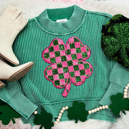 PREORDER - Checkered Shamrock Sequin Patch Ribbed Green Oversized Crop Sweater
