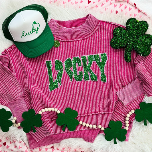 PREORDER - Lucky Sequin Patch Ribbed Pink Oversized Crop Sweater
