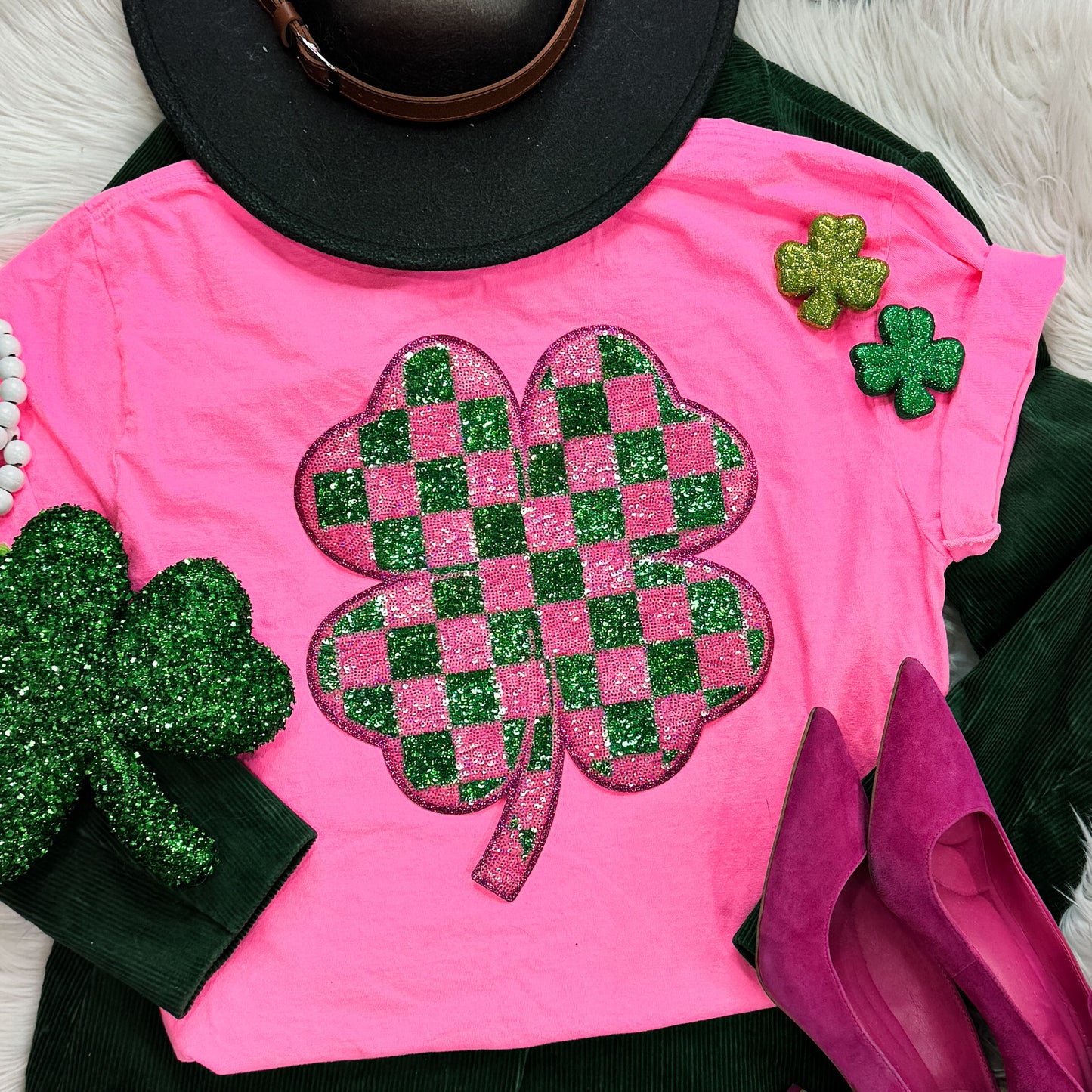 PREORDER - Checkered Shamrock Sequin Patch Neon Pink Pigment Dyed Tee
