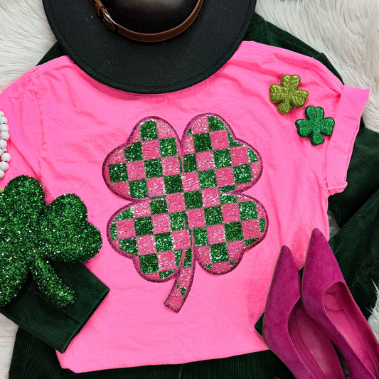 PREORDER - Checkered Shamrock Sequin Patch Neon Pink Pigment Dyed Tee