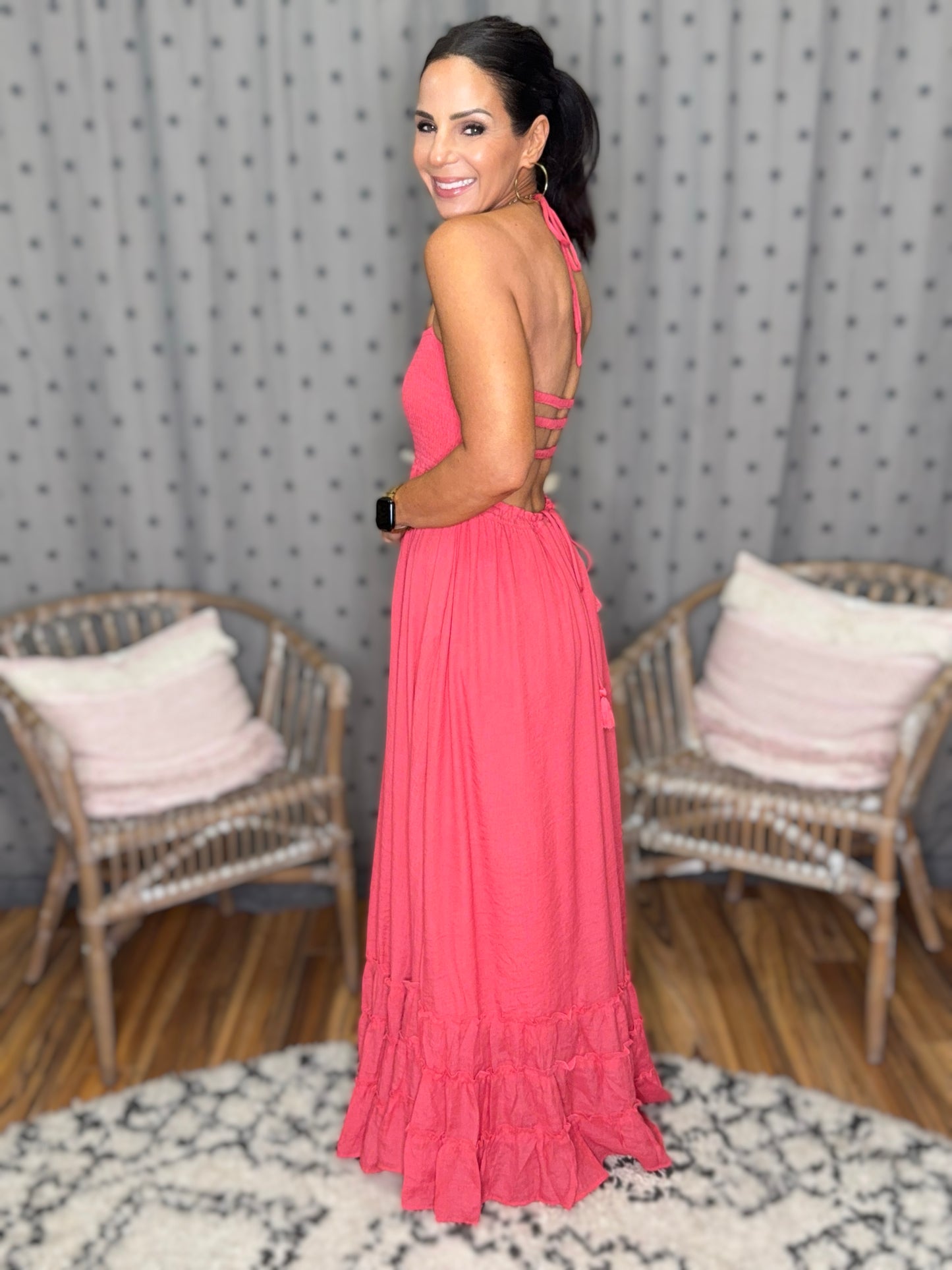 Jade Halter Neck Smocked Bodice Tiered Dress - 2 colors