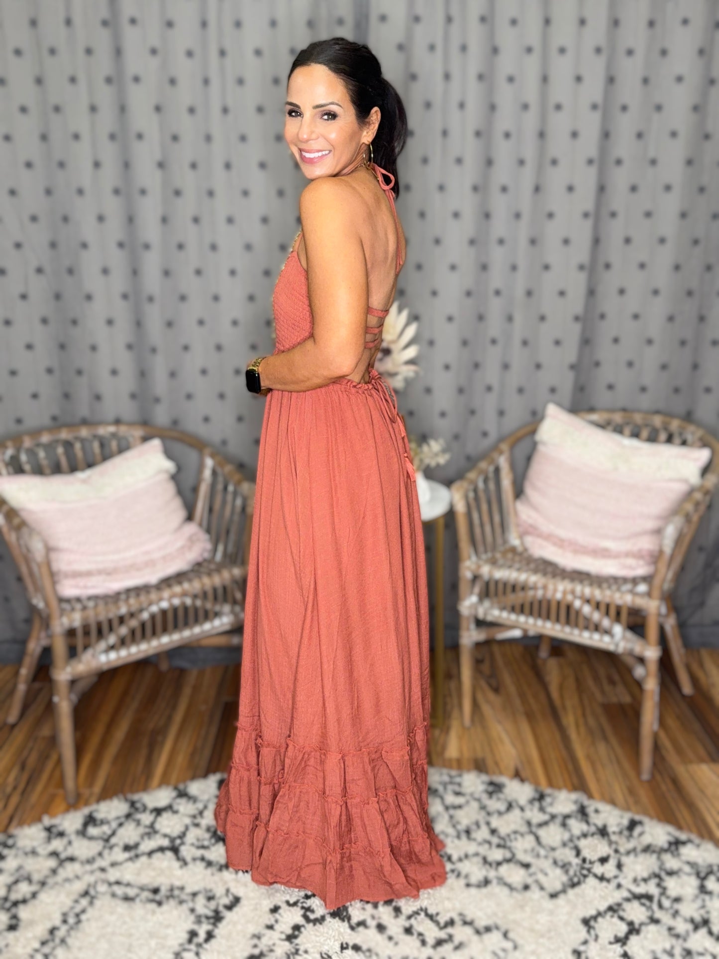 Jade Halter Neck Smocked Bodice Tiered Dress - 2 colors