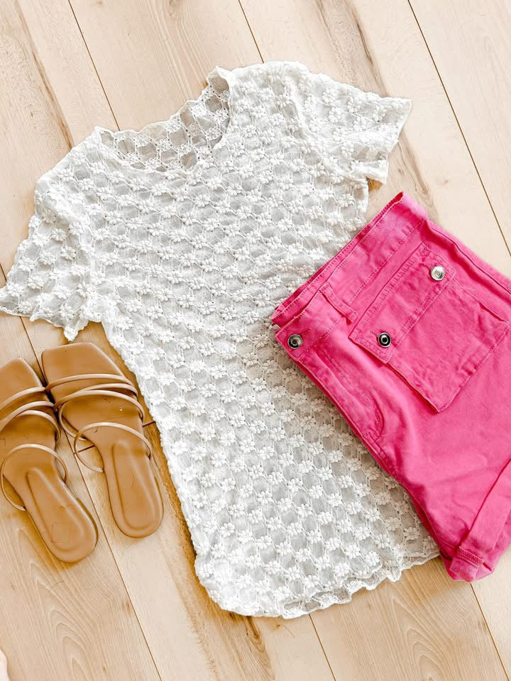 PREORDER -  Sheer Daisy & Lace Short Sleeve Top - 2 colors