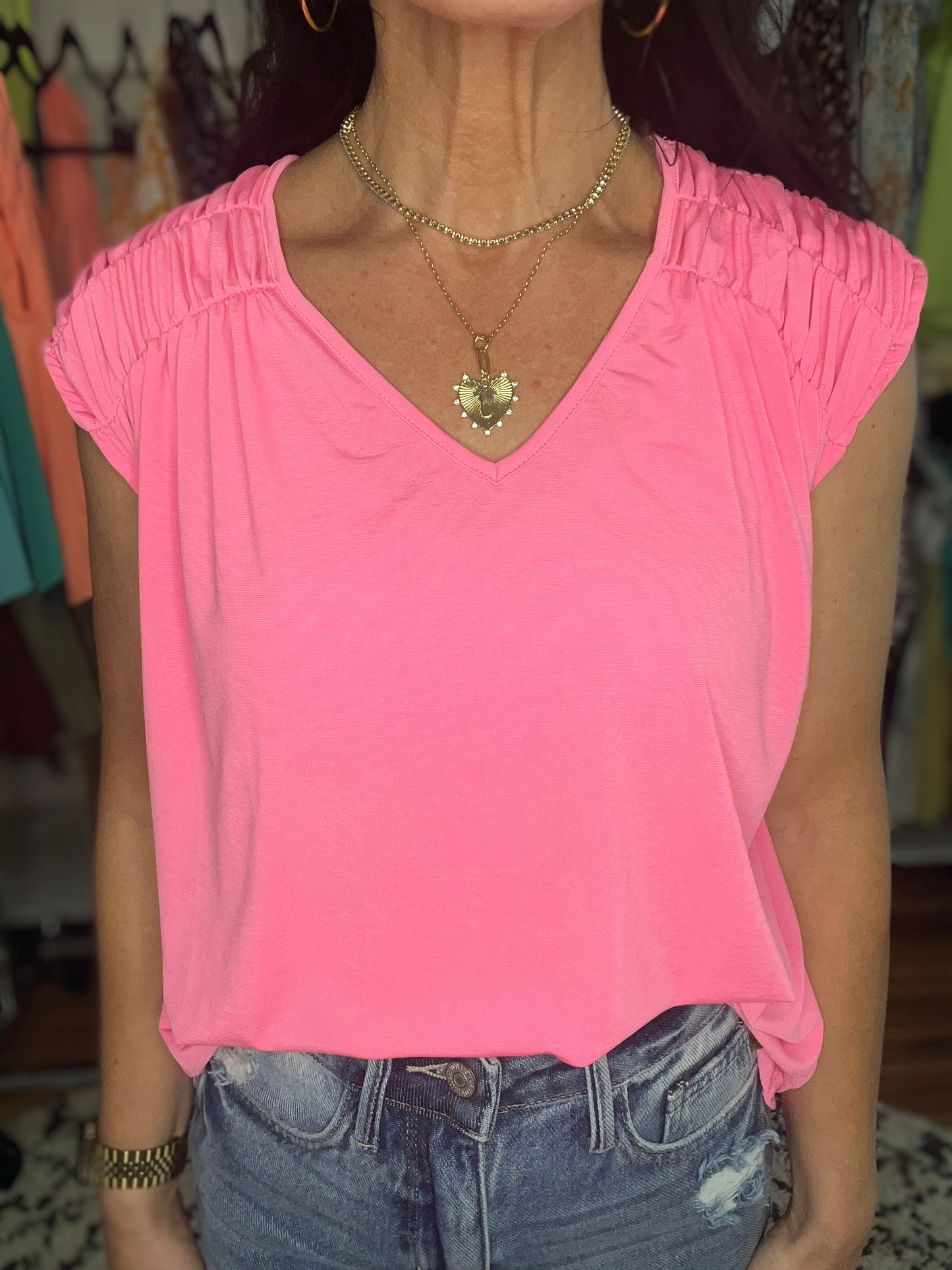 Ruched Cap Sleeve Top in Neon Pink