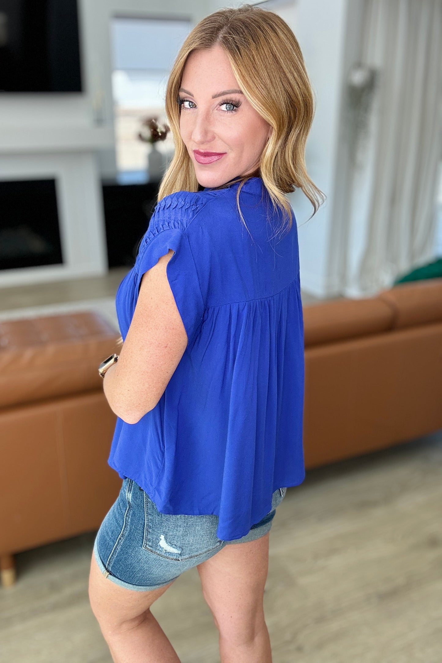 Pleat Detail Button Up Blouse in Royal Blue