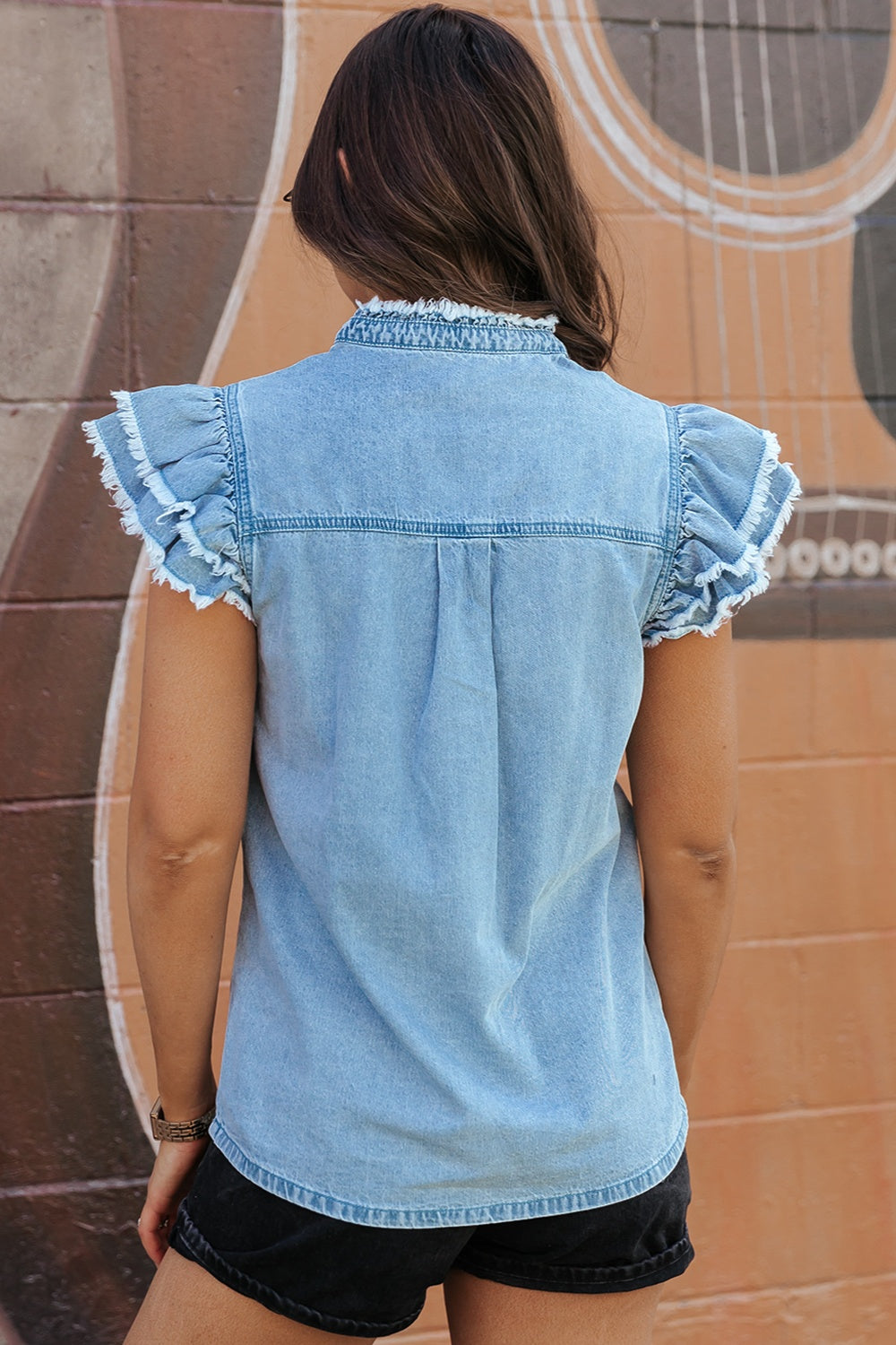 Raw Hem Button Up Cap Sleeve Denim Top - 3 colors