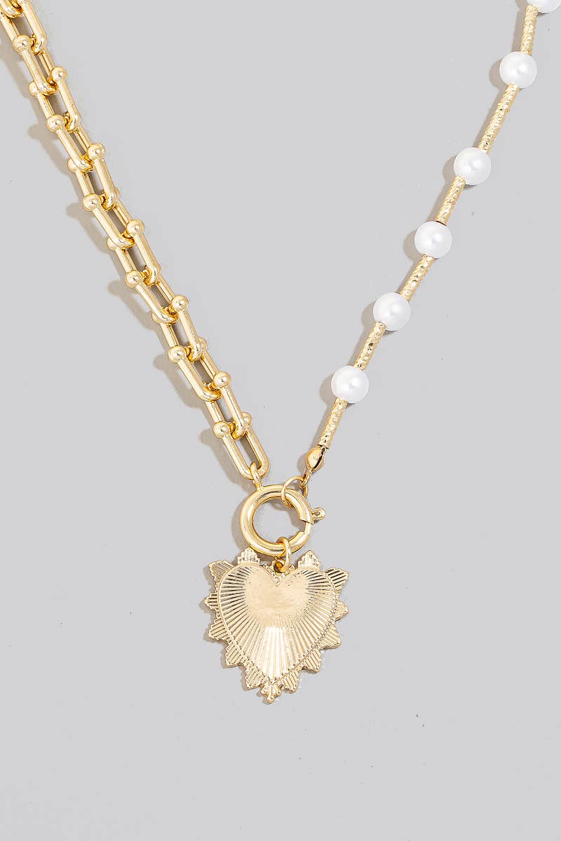 Heart Pendant Pearl Beads And Chain Necklace