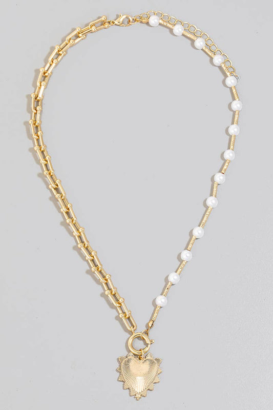 Heart Pendant Pearl Beads And Chain Necklace