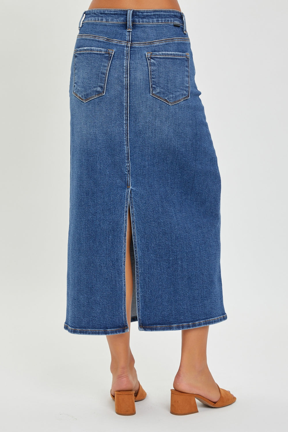 Risen High Rise Back Slit Denim Skirt