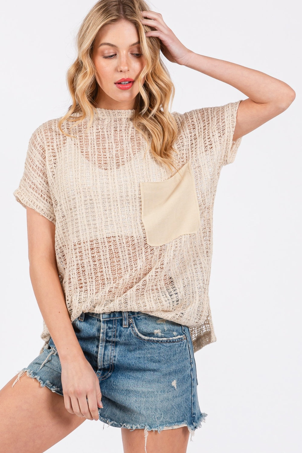 Bay Breeze Crochet Mock Neck Top