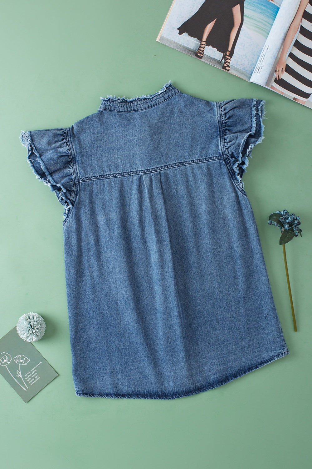 Raw Hem Button Up Cap Sleeve Denim Top - 3 colors